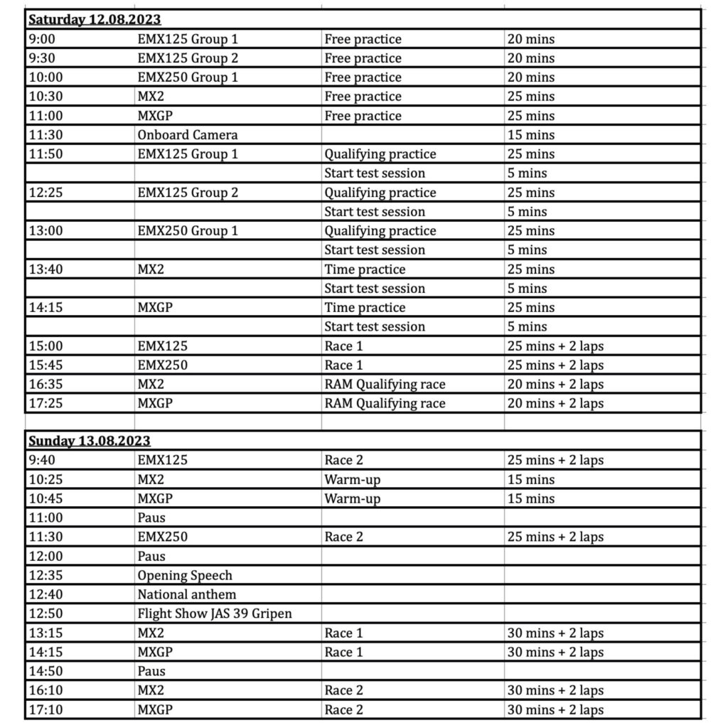 Updated Timetable MXGP Uddevalla August 12-13, 2023